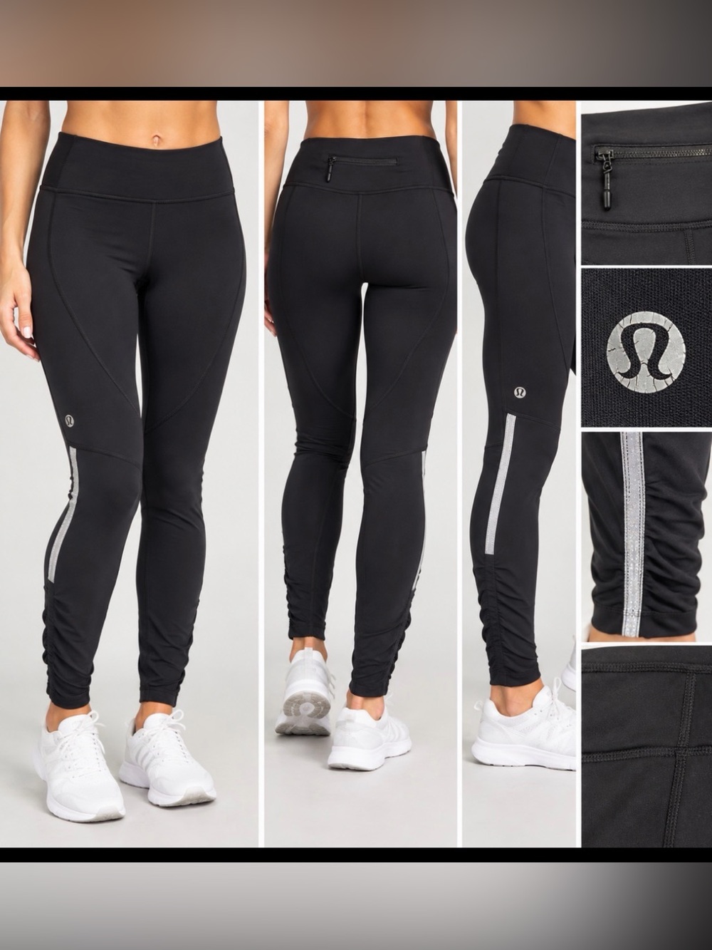 Lululemon Black Running Leggings Reflective Ruched Hem Zip Pocket Size 6